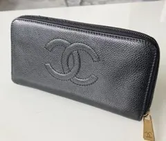 美品 CHANEL 二つ折り財布 ココマーク キャビアスキン レザー Wホック