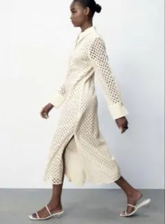 ZARA Ｌサイズ　透かし編みクリーム色シャツワンピース
