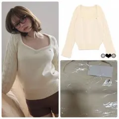 andmary♡﻿Heart neck cable tops♡﻿ivory