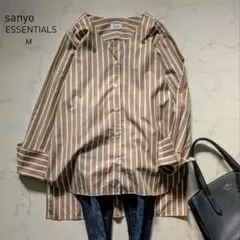 サンヨーエッセンシャルズ Vネック カットソー ストライプ ブラウン M