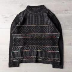 90s vintage 個性的 総柄 ニット ハイネック マルチカラーステッチ