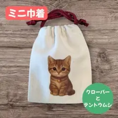 ねこ【クローバーとテントウムシ】ミニ巾着袋　猫CAT　プレゼント　誕生日　幸運