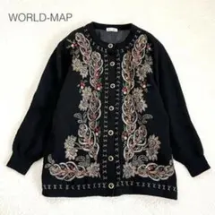 ワールドマップ 刺繍ニットカーディガン 長袖 クルーネック 毛100 레트로
