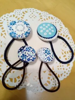 青系花柄模様　ヘアゴム　4個セット