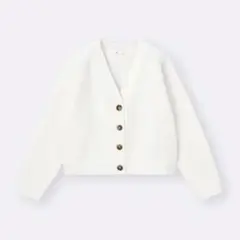 GU スポンジニットVネックカーディガン L ホワイト ショート丈カーディガン