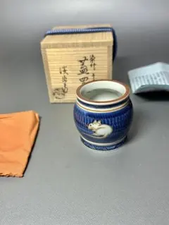 染付　俵ねずみ　蓋置　清水焼　五山窯　共箱　共布　栞付き　超かわいい　お茶道具 染付 俵ねずみ 蓋置 清水焼 五山窯 共箱 共布 栞付き 超かわいい お