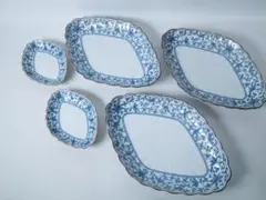 たち吉 橘吉 唐草 菱形皿 5枚セット 磁器 食器 角皿 中皿 多用皿 楕円皿