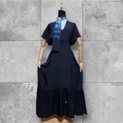 128ぽっちゃりさん着物リメイク　正絹黒留袖→フリル付ロングドレス スカーフ付き