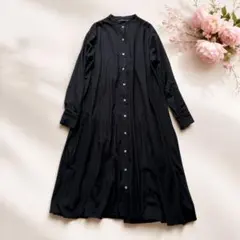 mizuiro ind バンドカラー フレアシャツワンピース 黒 ロング