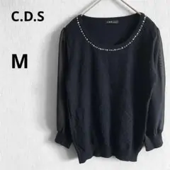 C.D.S ブラック Mビジュー シフォン切り替え 七分袖 ブラウス ニット