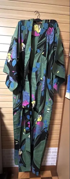 『帯セット』薔薇柄浴衣 グリーン 昭和レトロ