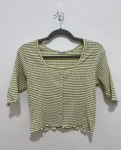 Cutie Beauty 半袖クロップドシャツ 緑と白のチェック柄