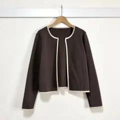 ノーカラーカーディガン 配色パイピング ジャケット ブラウン 7号 日本製のサムネイル