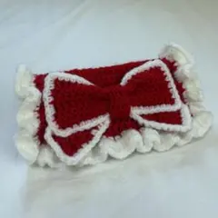 りぼんペンケース 赤×ホワイト 編み物 フリル