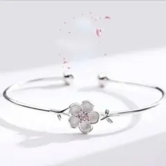 ピンクラインストーン付き　お花　桜　バングル　ブレスレット　シルバー