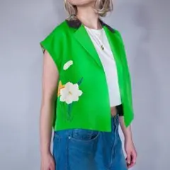 着物リメイク ベスト ジレ 古布 ショート丈 ハンドメイド 一点物 細見え 花柄