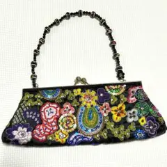 スパンコール　刺繍　がま口ハンドバッグ　クラッチバッグ　黒　vintage 花柄