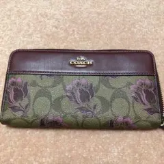 COACH 花柄 長財布 オリーブグリーン/ワインレッド