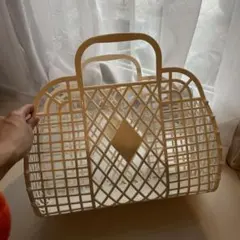 クリーム色 メッシュデザイン かごバッグ
