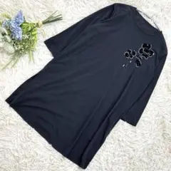 レリアン ダークグレー 七分袖チュニック 花柄刺繍サイドスリット伸縮性 (SP)
