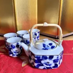 【未使用品】保谷謹製　金彩椿　多面型茶器揃え　急須・湯呑み　箱入り　HOYA