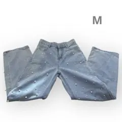 おしゃれ⭐️パール付きデニムパンツ ライトブルー ストレート カジュアル Mサイズ