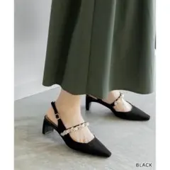 ランダ ゴールドチェーン パール バックストラップ パンプス 黒 M 23.5