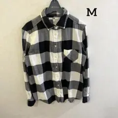 M ブラック ホワイト チェック柄 長袖シャツ 胸ポケット カジュアル 襟付き