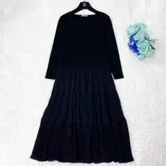 未使用級 セオリーリュクス 異素材ティアードワンピース リブニット ブラック