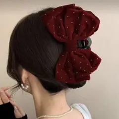ヘアクリップ リボン ベロア バーガンディ