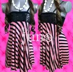 ANAP バイカラーストライプ柄スパンコール ベアトップキャミワンピー 黒ピンク