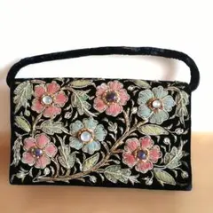 【希少】宝石ビーズ　花柄刺繍　ヴィンテージ　パーティーバッグ　昭和レトロ