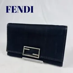 フェンディ FFロゴ金具　キャンバス×レザー 　三つ折り長財布　黒　ヴィンテージのサムネイル