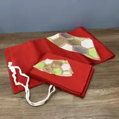 3F 昭和レトロ 文化帯 作り帯 二部式 赤 亀甲紋 刺繍 付け帯 着物 和小物