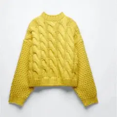 ZARA　ケーブルニット　セーター　イエロー　黄色　Mサイズ　クロップドセーター