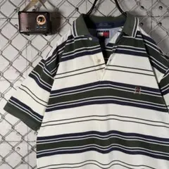 90s サイパン製 トミーヒルフィガー ポロシャツ マルチボーダー ロゴ刺繍 M
