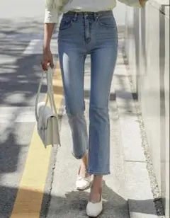 【DAZY】ハイウエスト ブーツカット ジーンズ パンツ ライトウォッシュ XL