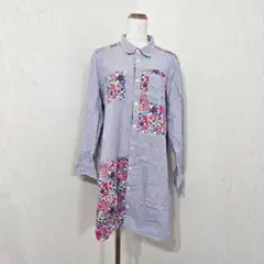 チチカカ シャツワンピース ストライプ 花柄 長袖チュニック ブルーホワイト Lのサムネイル