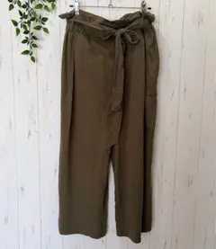[新品未使用]オリーブ色 リボン付きワイドパンツ ガウチョパンツ　LL