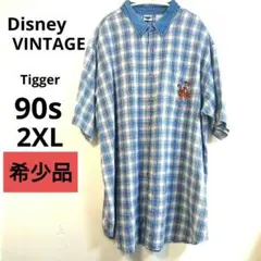 希少 90s ディズニー ティガー 刺繍 デニム襟 チェックシャツ 2XLT