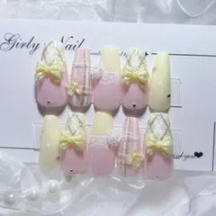 Ｎｏ．現品 ネイルチップハンドメイド ピンクイエローリボンチェック手書き韓国大人