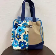 猫＆花柄⭐︎青系巾着トートバッグ