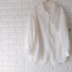 300円〜 ゆるだぼ シアーシャツ チュニック丈 ホワイト シワ加工 ゆったりM