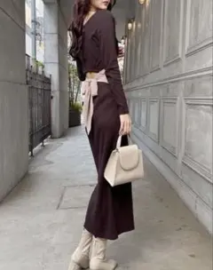 ダークブラウン リボン付きワンピース Sサイズ