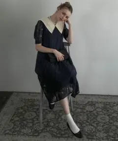 BONLECILLnoir 2wayパフスリーブ総レースドレス 結婚式ワンピース