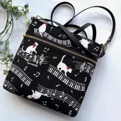 《ハンドメイド》▪️サコッシュ♡オックス生地▪️ 音符♪と猫 ♡持ち手&ショルダー付