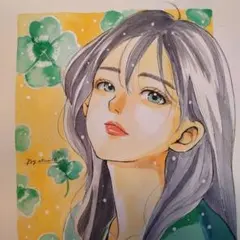 手描きイラストA4　水彩画『エメラルドのクローバー』
