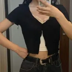 SHEIN EZwear ボタンフロント レタストリム リブニット Tシャツ