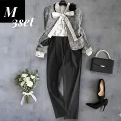 セレモニーママスーツ3点M ツイード×ボウタイ 白黒anyFAM他 卒業式入学式