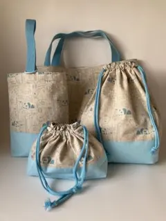 入園入学準備レッスンバックシューズ入れ巾着4点セット ☆動物柄☆ハンドメイド